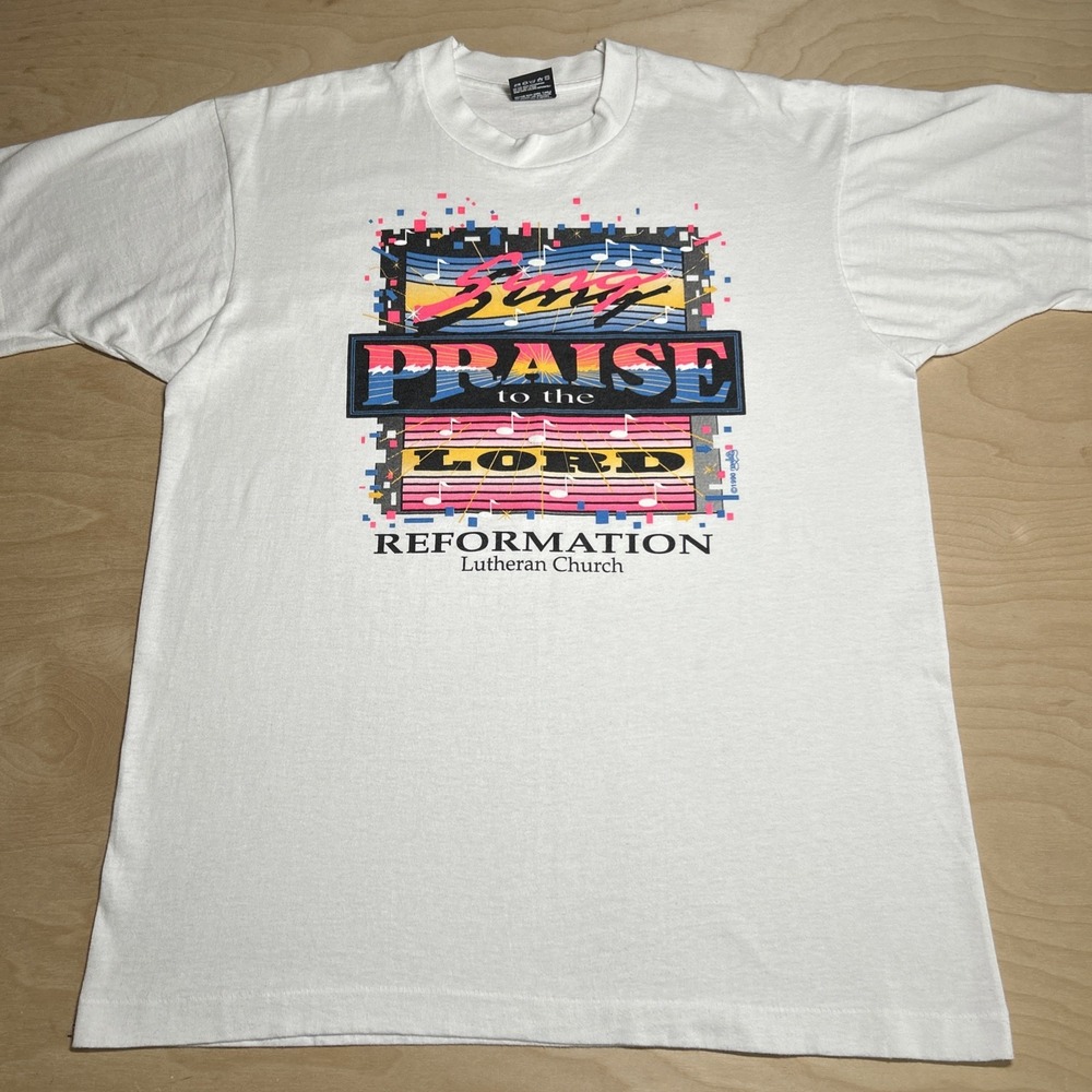 VINTAGE Sz Large White Single Stitch Shirt Made In USA 1990 Praise The Lord Tee